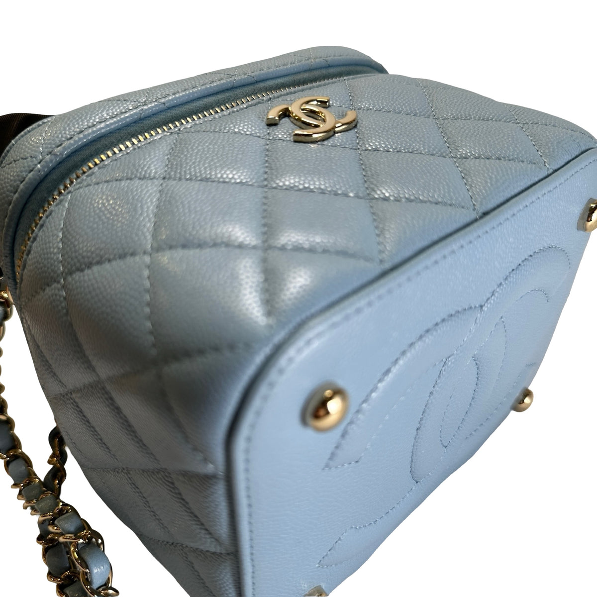 Used CHANEL Quilted Caviar Leather Vanity Case Vanity case Light Blue