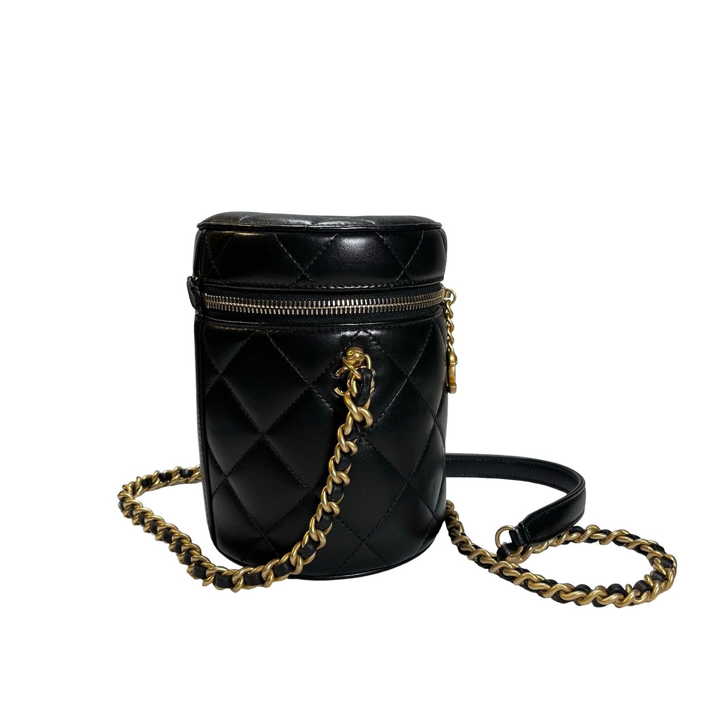 Used CHANEL Diamond Quilted Lambskin Cylindrical Vanity Case with Chain Vanity case Black GHW