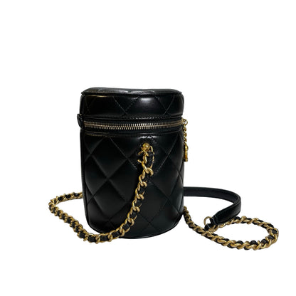 Used CHANEL Diamond Quilted Lambskin Cylindrical Vanity Case with Chain Vanity case Black GHW