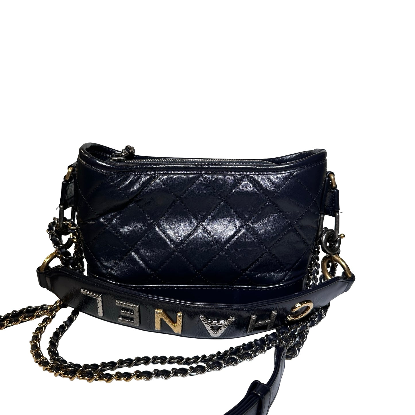 Used CHANEL Calfskin Leather Chain Shoulder Bag Navy Blue GHW PHW