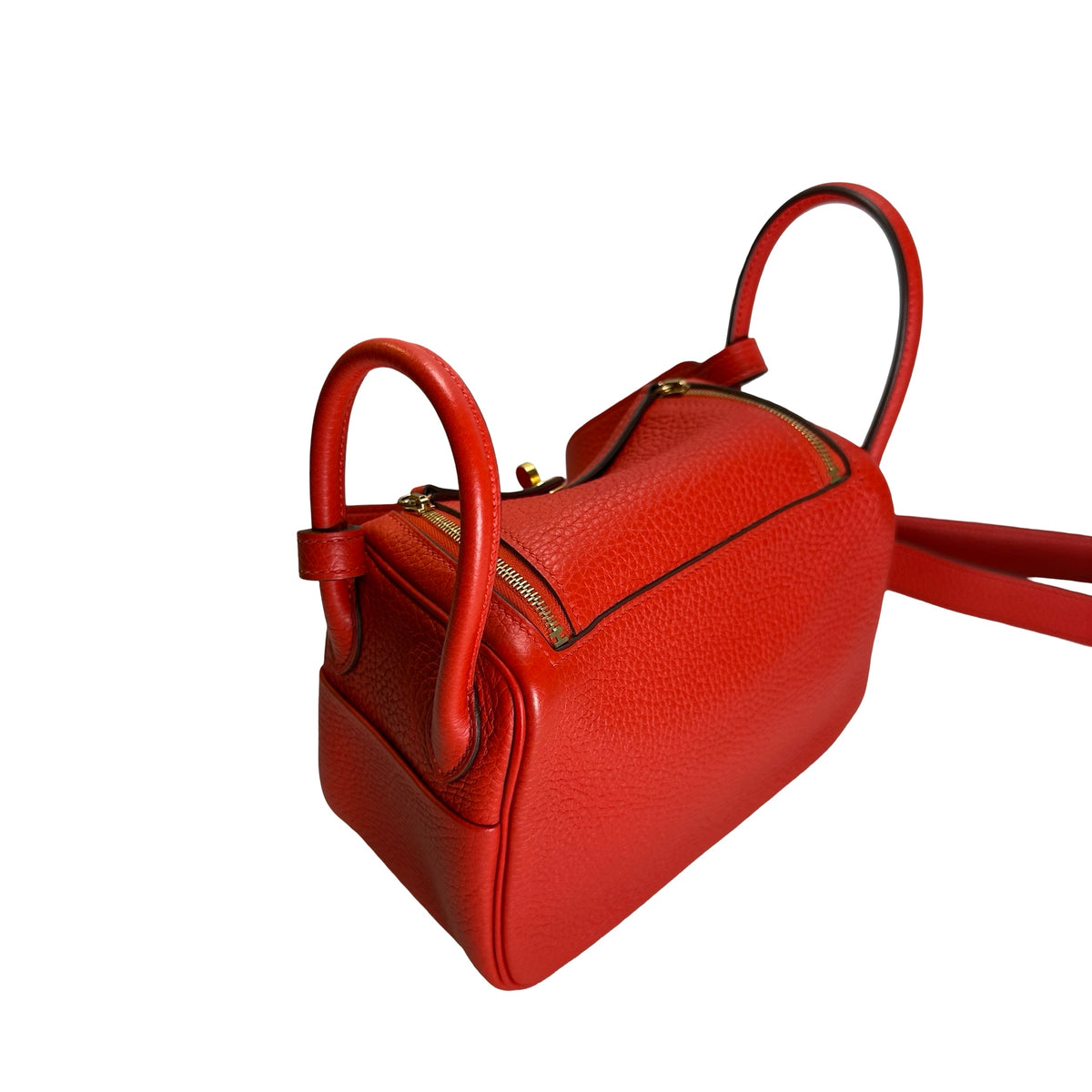 Used HERMES Togo Leather Mini Lindy Handbag Red GHW