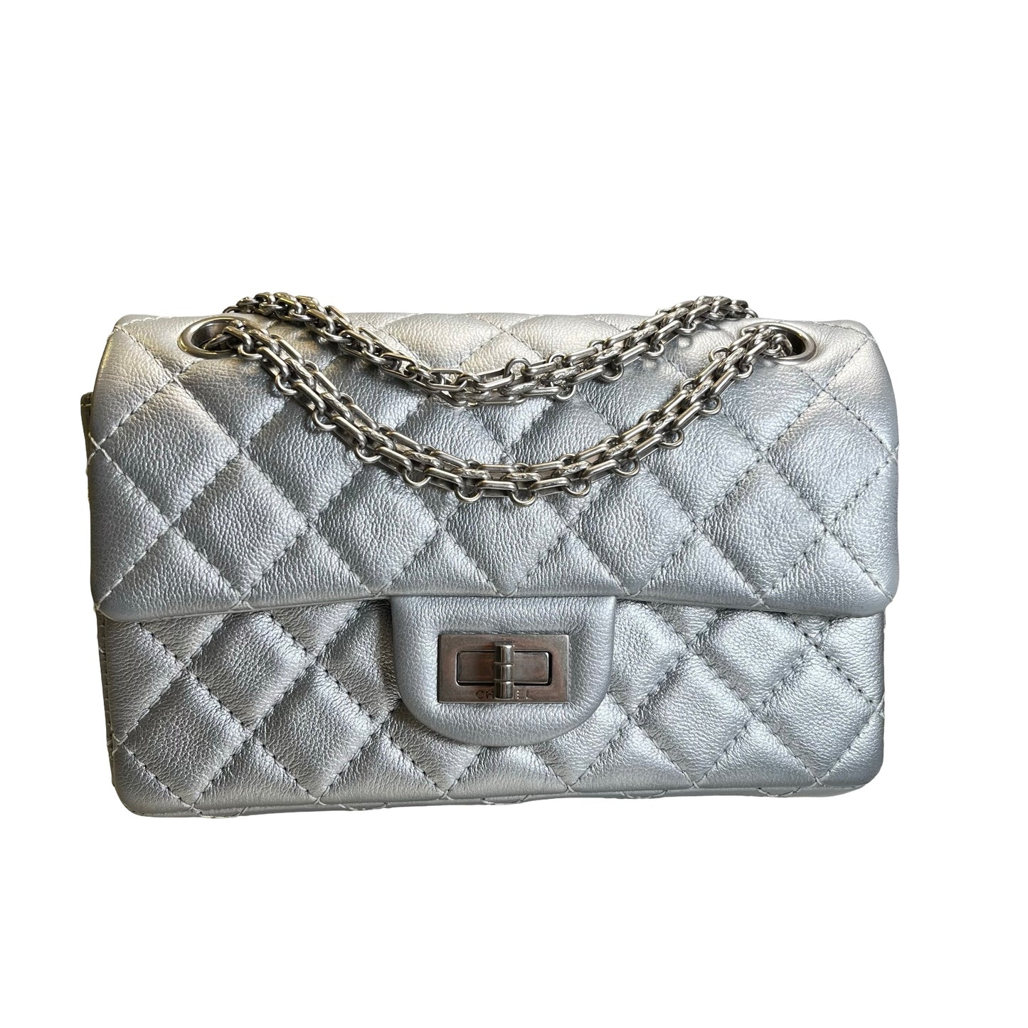 Used CHANEL Quilted Calfskin Mini 2.55 Chain Shoulder Bag Silver