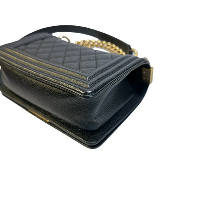 Used CHANEL Caviar Leather Quilted Boy 20 Shoulder Bag Black Gold