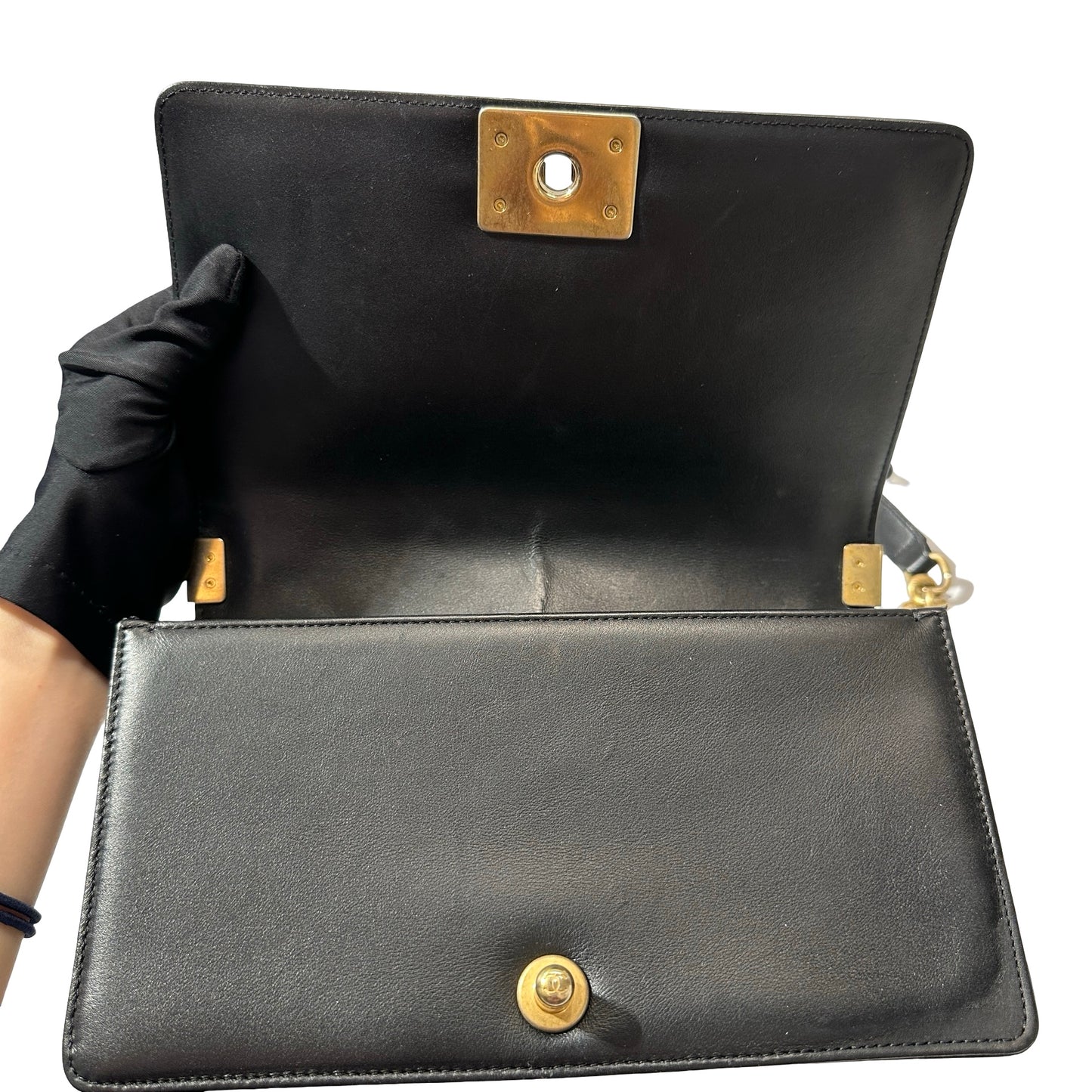 Used Chanel Lambskin Leather Boy 25 Shoulder Bag Black GHW