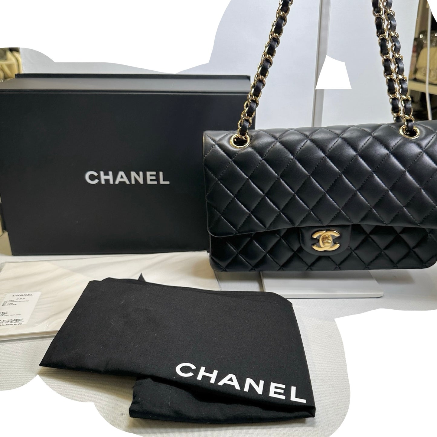 Used CHANEL Quilted Lambskin Classic Flap 25 Chain Shoulder Bag Black Gold