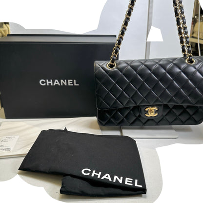 Used CHANEL Quilted Lambskin Classic Flap 25 Chain Shoulder Bag Black Gold