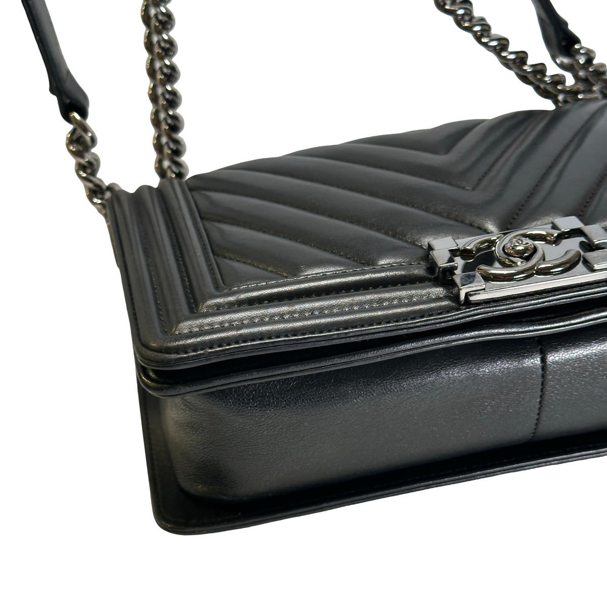 Used CHANEL Chevron Leather Boy Chanel Shoulder Bag Black Silver