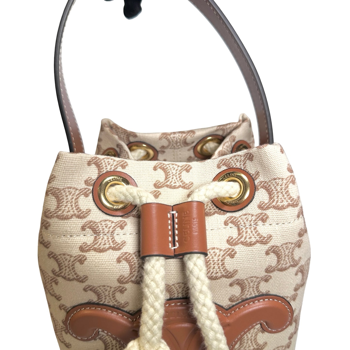 Used CELINE Triomphe Canvas Calfskin Teen Triomphe Drawstring Drawstring Bag Beige Brown GHW