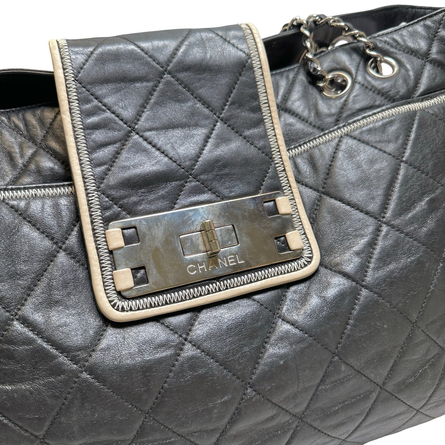 Used CHANEL Quilted Leather Quilted Tote Tote Bag Black Silver