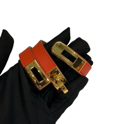 Used HERMES Leather Kelly Double Tour BRACELET Orange Gold