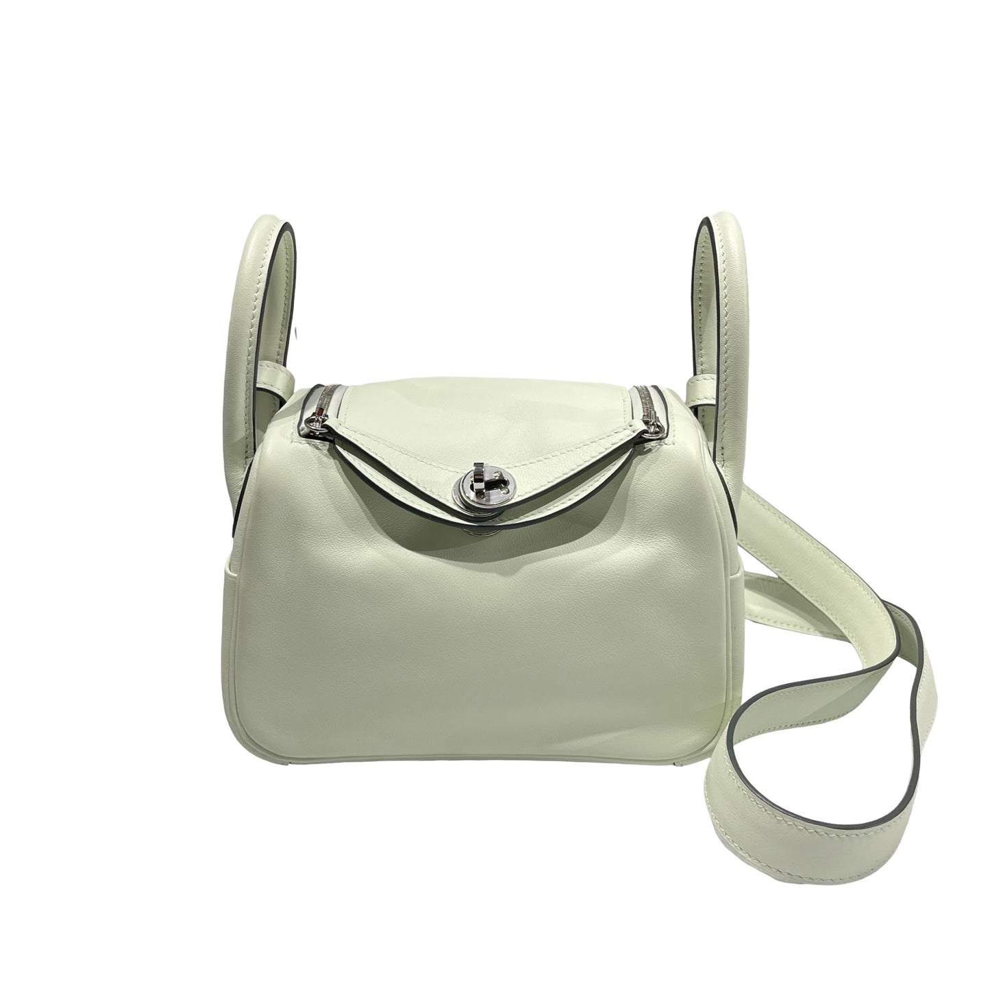 Unused HERMÈS Calfskin Leather Mini Lindy swift Shoulder Bag PHW Mint green