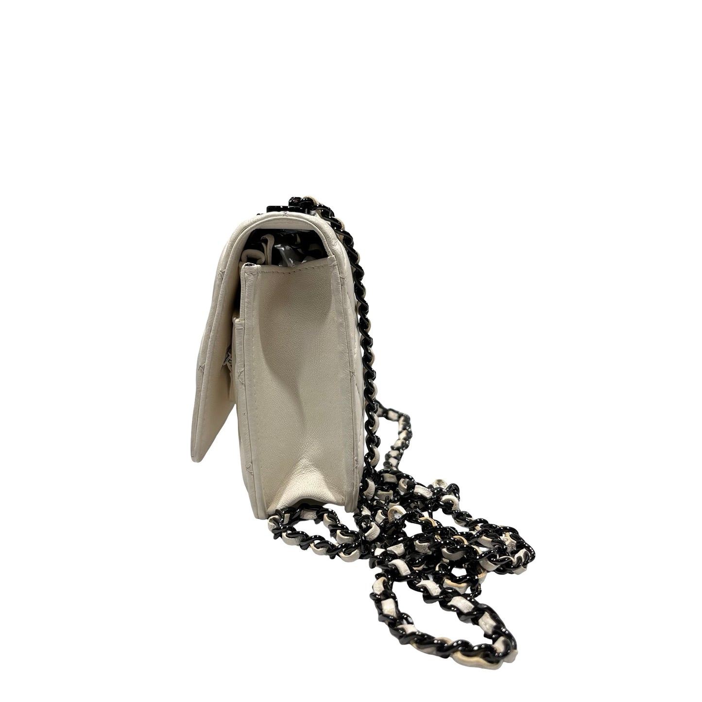 Used CHANEL Lambskin Leather WOC Shoulder Bag White Black Hardware