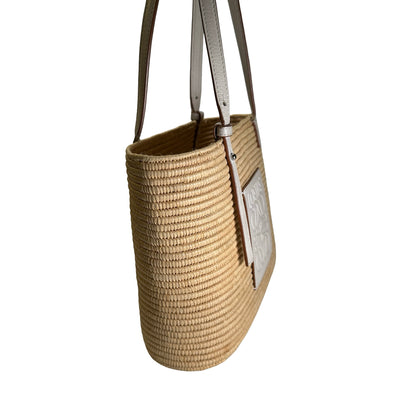 Used LOEWE Raffia Calfskin Square Basket Basket Bag Natural White