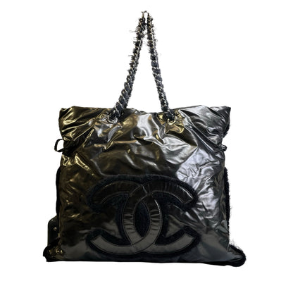 Used CHANEL CC Logo Deauville Tote Bag Black Silver