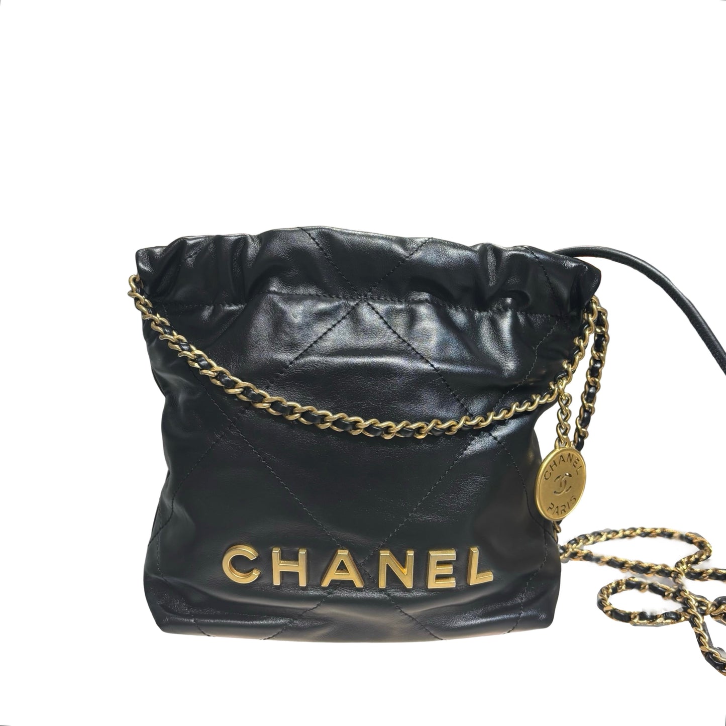 New CHANEL Lambskin Leather Mini 22 Chain Shoulder Bag Black GHW