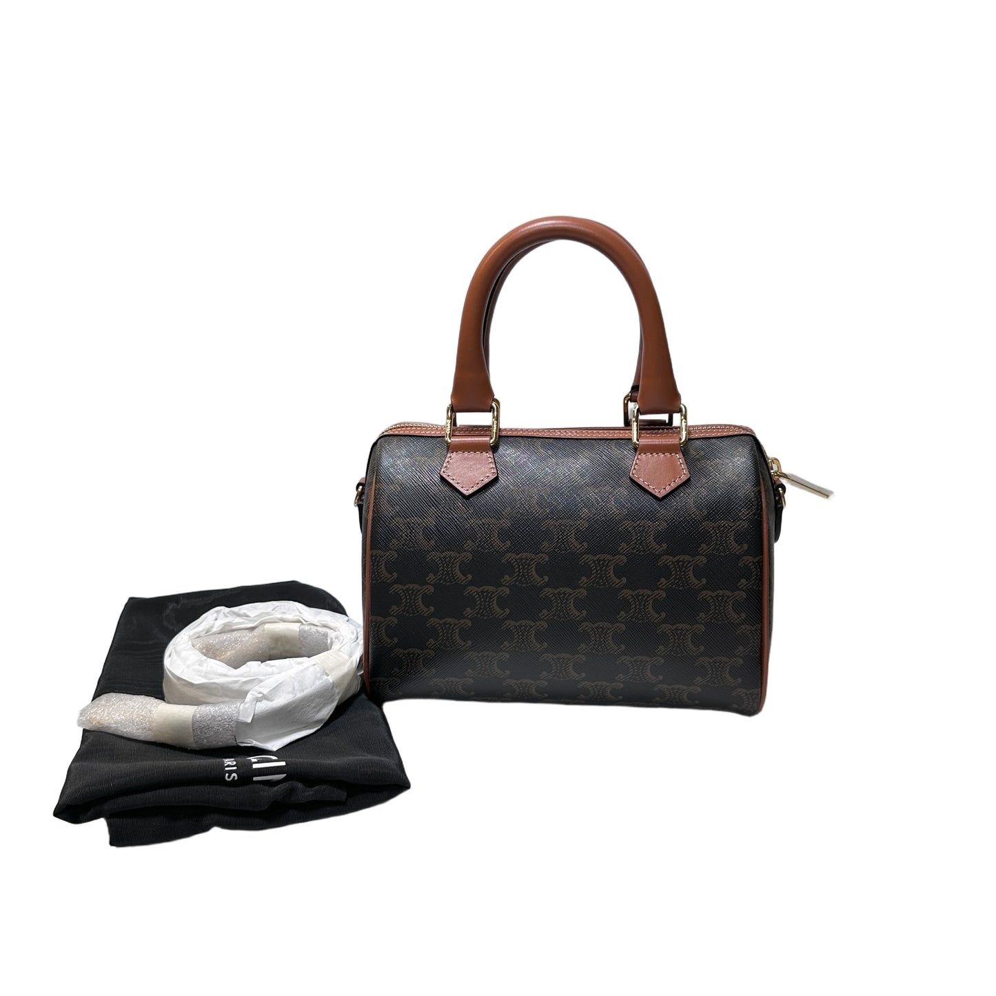 Used CÉLINE Calfskin Leather TRIOMPHE Canvas Boston small Shoulder Bag Brown GHW