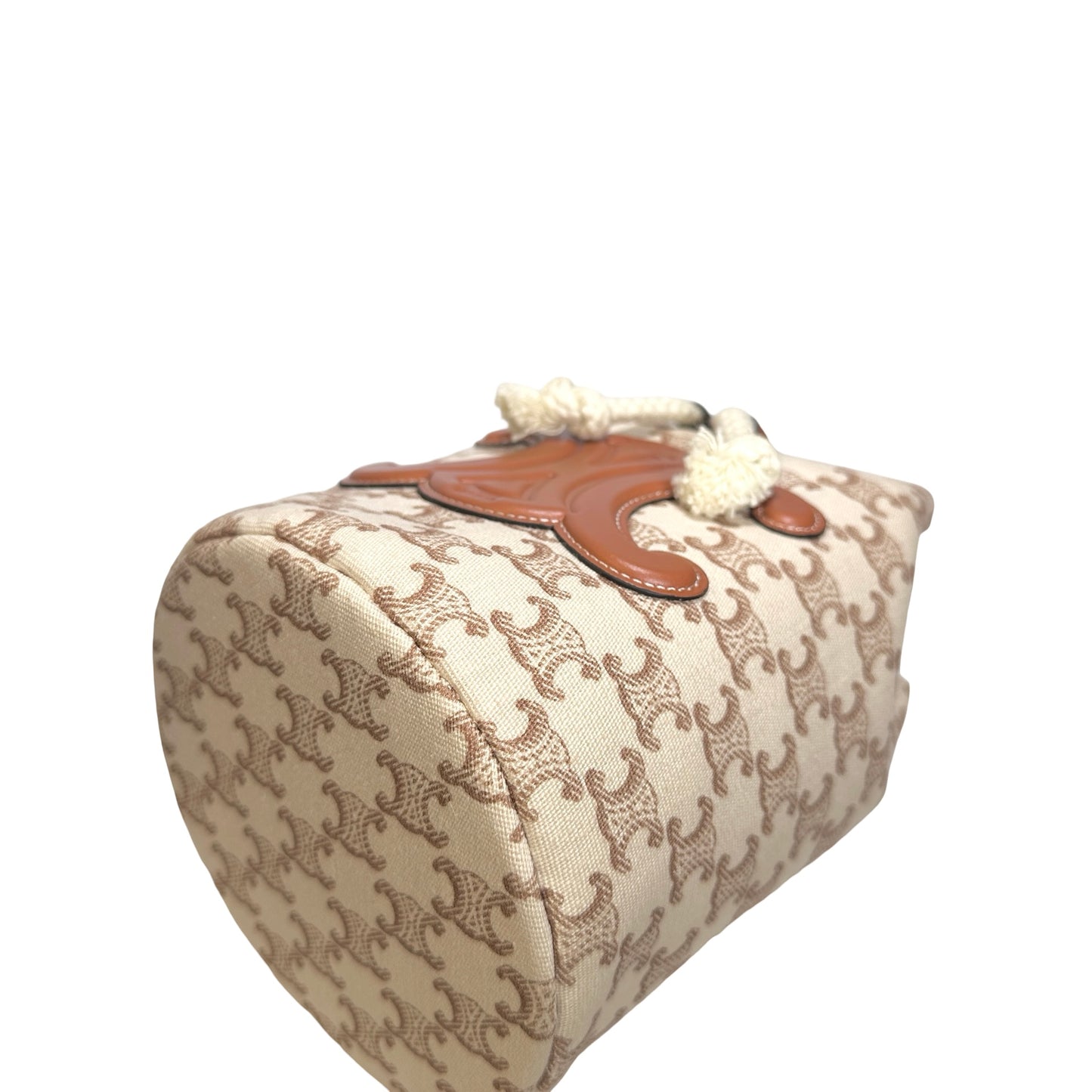 Used CELINE Triomphe Canvas Calfskin Teen Triomphe Drawstring Drawstring Bag Beige Brown GHW