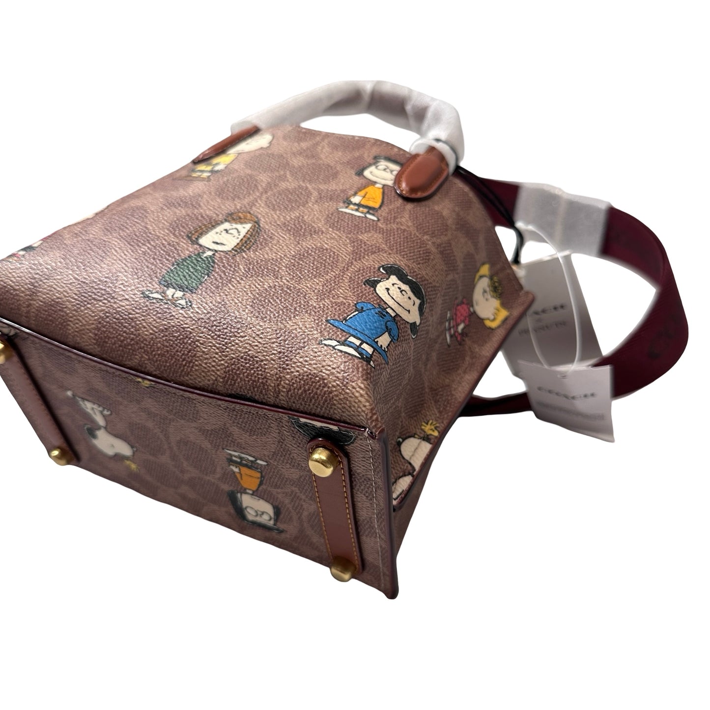 New COACH Canvas Coach X Peanuts Willow 18 Cross Body Bag Brown Red GHW