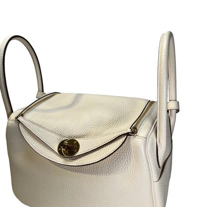 Used HERMES Leather Clemence Lindy Handbag Cream Off-White