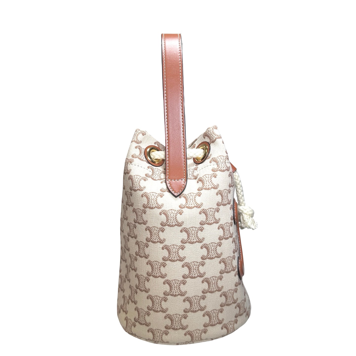 Used CELINE Triomphe Canvas Calfskin Teen Triomphe Drawstring Drawstring Bag Beige Brown GHW