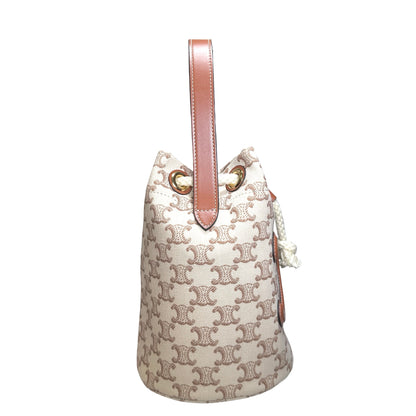 Used CELINE Triomphe Canvas Calfskin Teen Triomphe Drawstring Drawstring Bag Beige Brown GHW