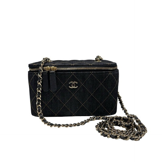 Used CHANEL Quilted Denim Vanity Case Vanity case Navy blue