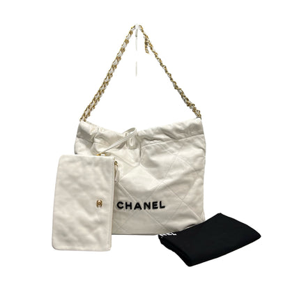 Used CHANEL Shiny Calfskin 22 Small Shiny Calfskin Shoulder Bag White Black GHW