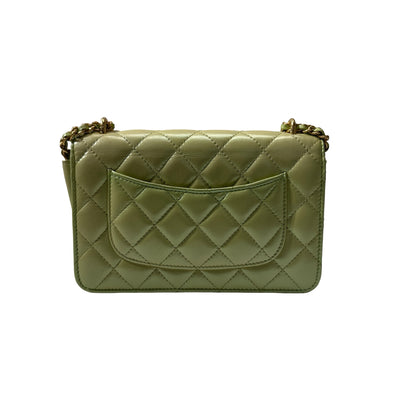 Used CHANEL Lambskin Leather MINI WOC Cross Body Bag GHW Green