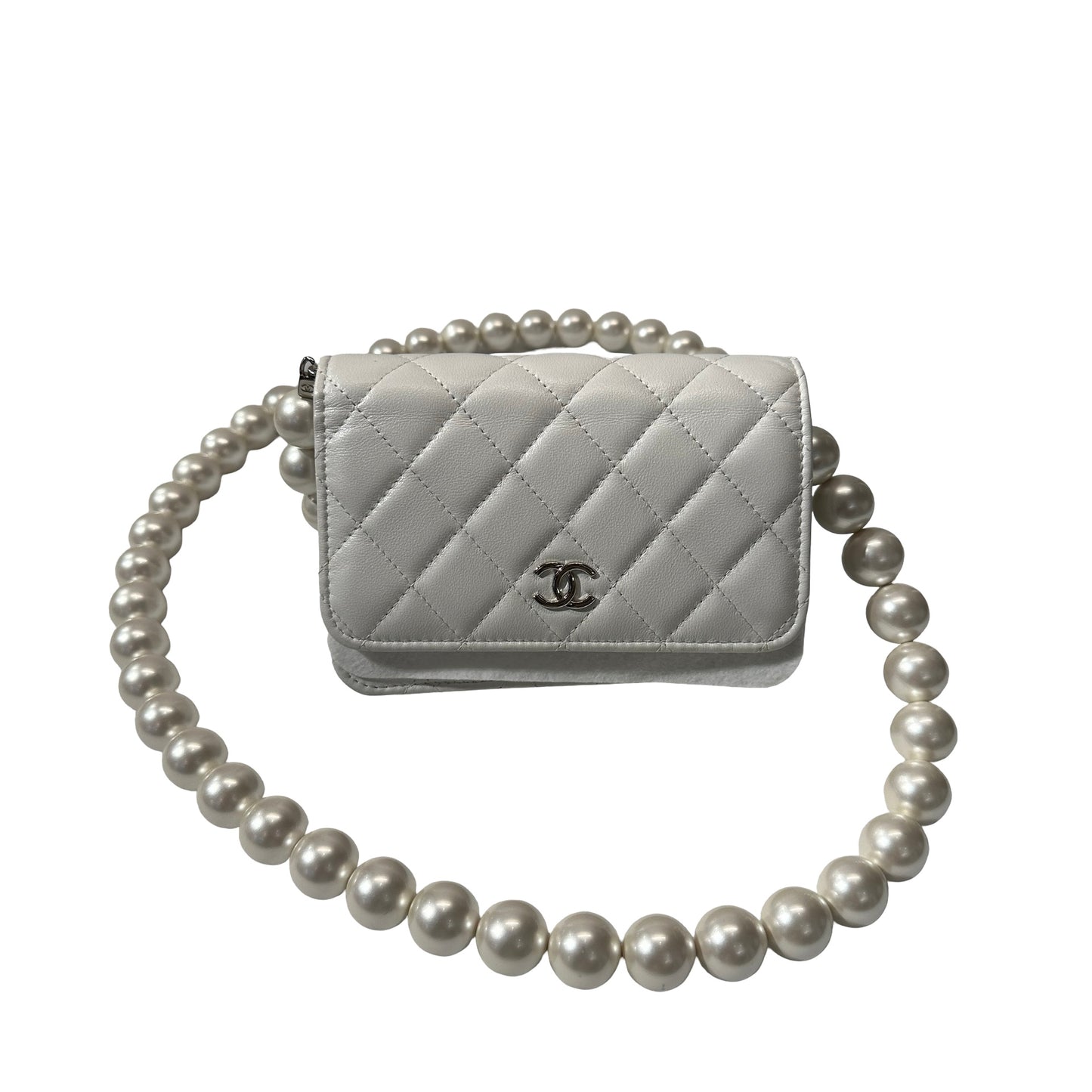 Used CHANEL Lambskin Leather WOC Pearl Shoulder Bag White PHW