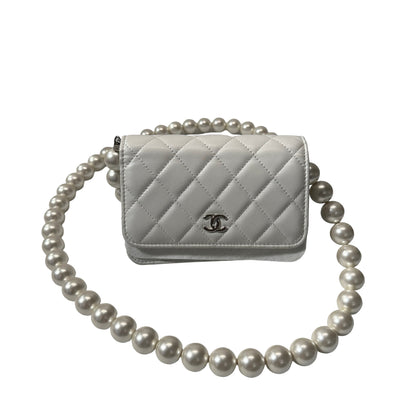 Used CHANEL Lambskin Leather WOC Pearl Shoulder Bag White PHW