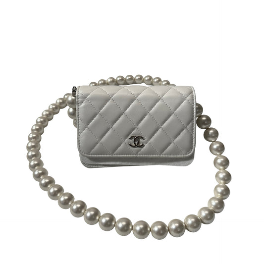 Used CHANEL Lambskin Leather WOC Pearl Shoulder Bag White PHW