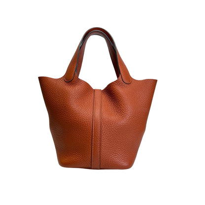 Used HERMES Clemence Leather Picotin 18 Bucket Bag 6C Brown GHW