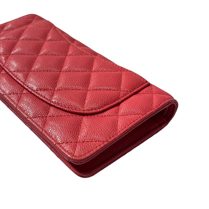 Used CHANEL Calfskin Leather Wallet Red GHW