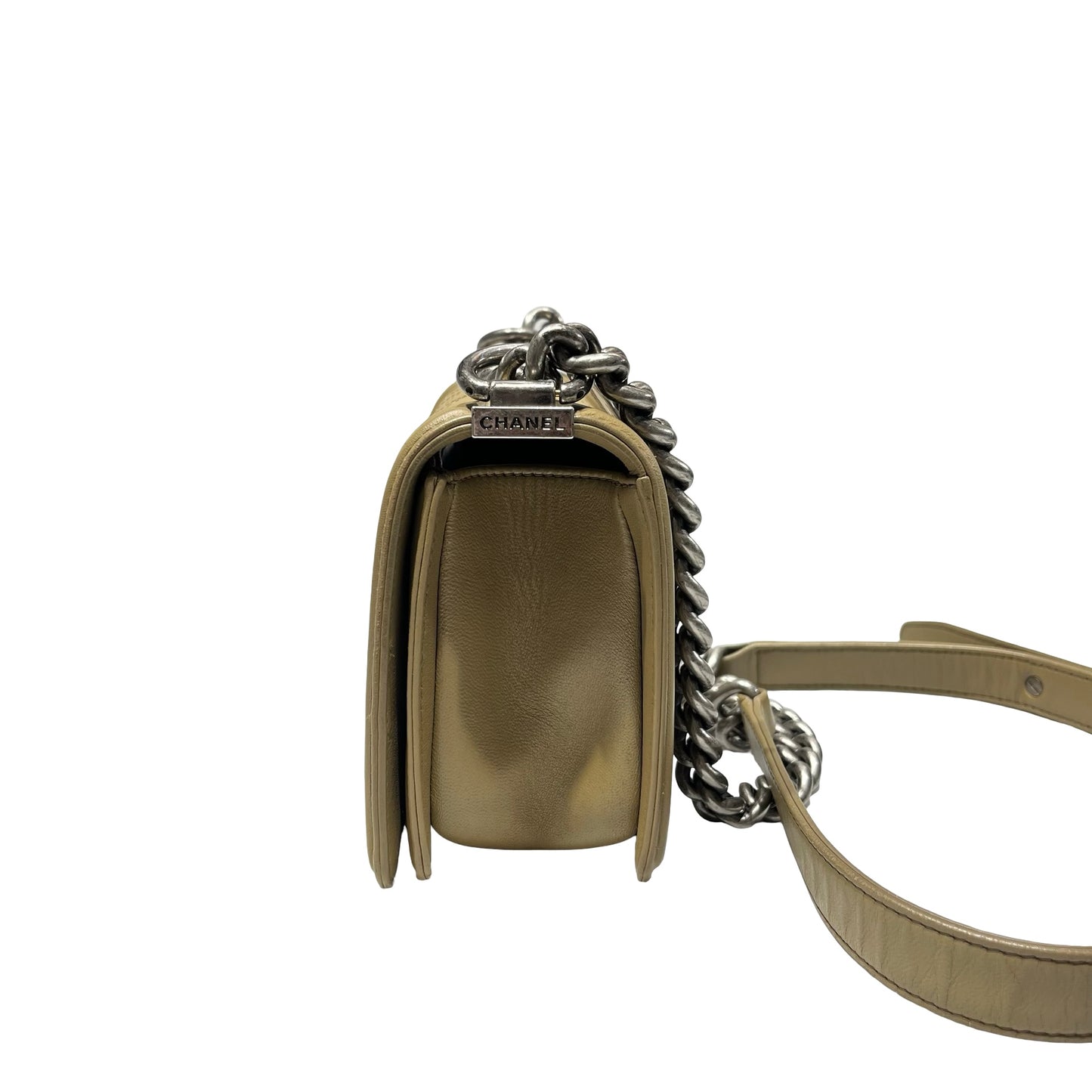 Used CHANEL Lambskin Leather Boy 20cm Shoulder Bag PHW Brown