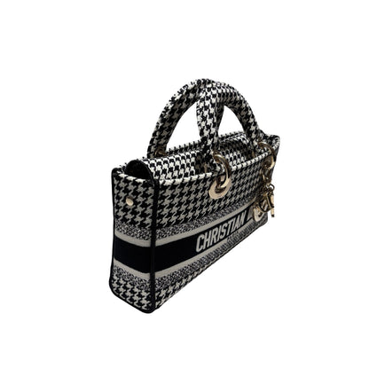 Used DIOR Canvas D-Joy Medium Handbag Black White GHW
