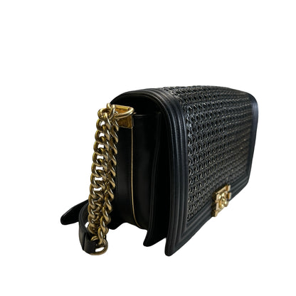 Used CHANEL Woven Leather Boy Chain Shoulder Bag Black Gold