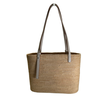 Used LOEWE Raffia Calfskin Square Basket Basket Bag Natural White