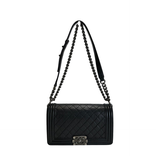 Used CHANEL Quilted Calfskin Boy Bag Shoulder Bag Black Silver