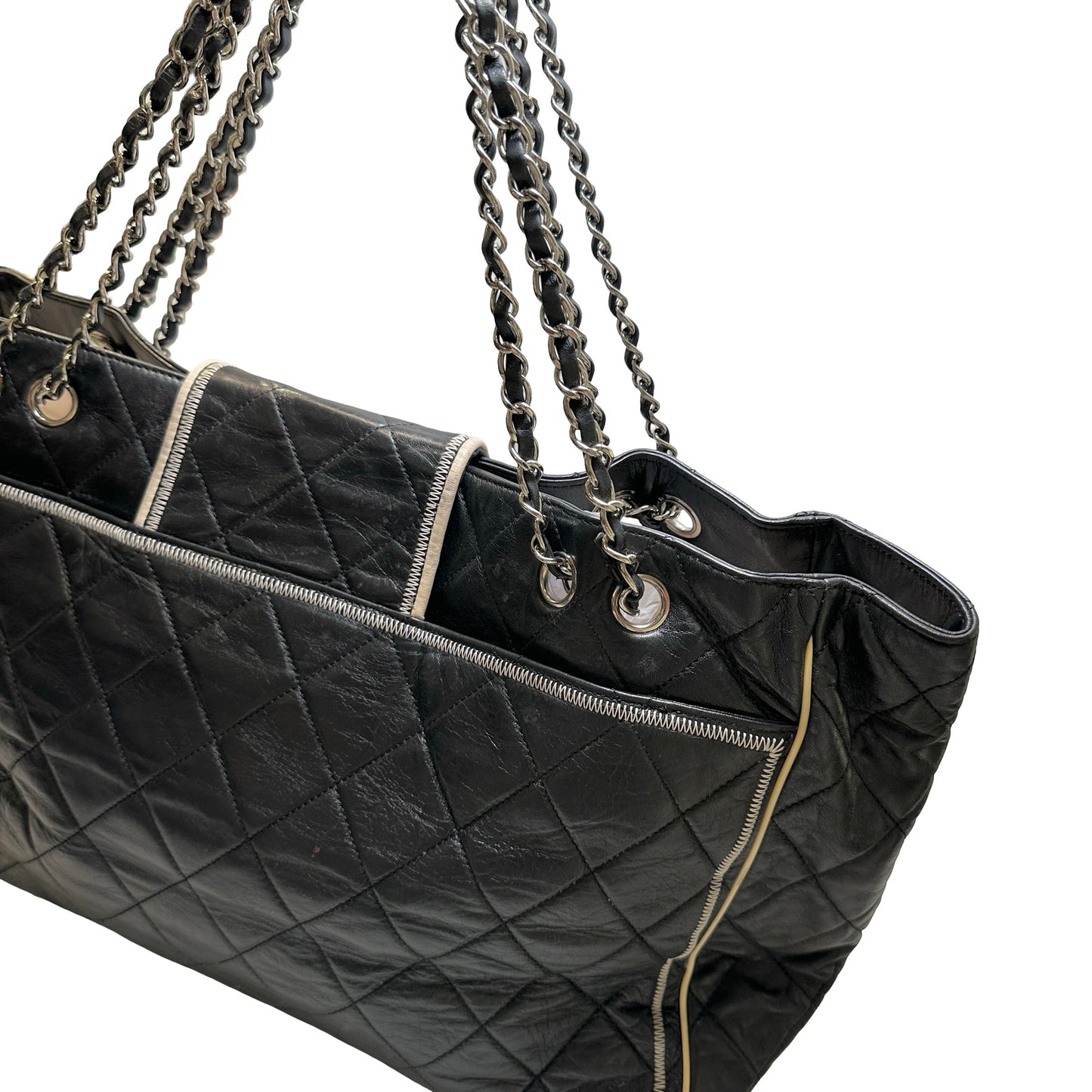 Used CHANEL Quilted Leather Quilted Tote Tote Bag Black Silver