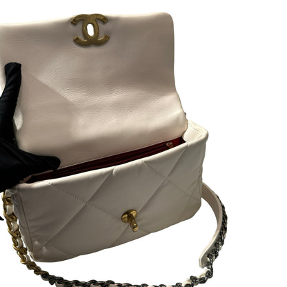 Used CHANEL Lambskin Leather 19 Small Shoulder Bag White GHW