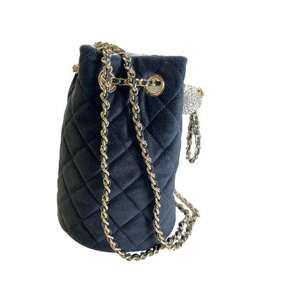 Used CHANEL Quilted Suede Mini Bucket Bag with Crystal Mini Bucket Bag Black Gold
