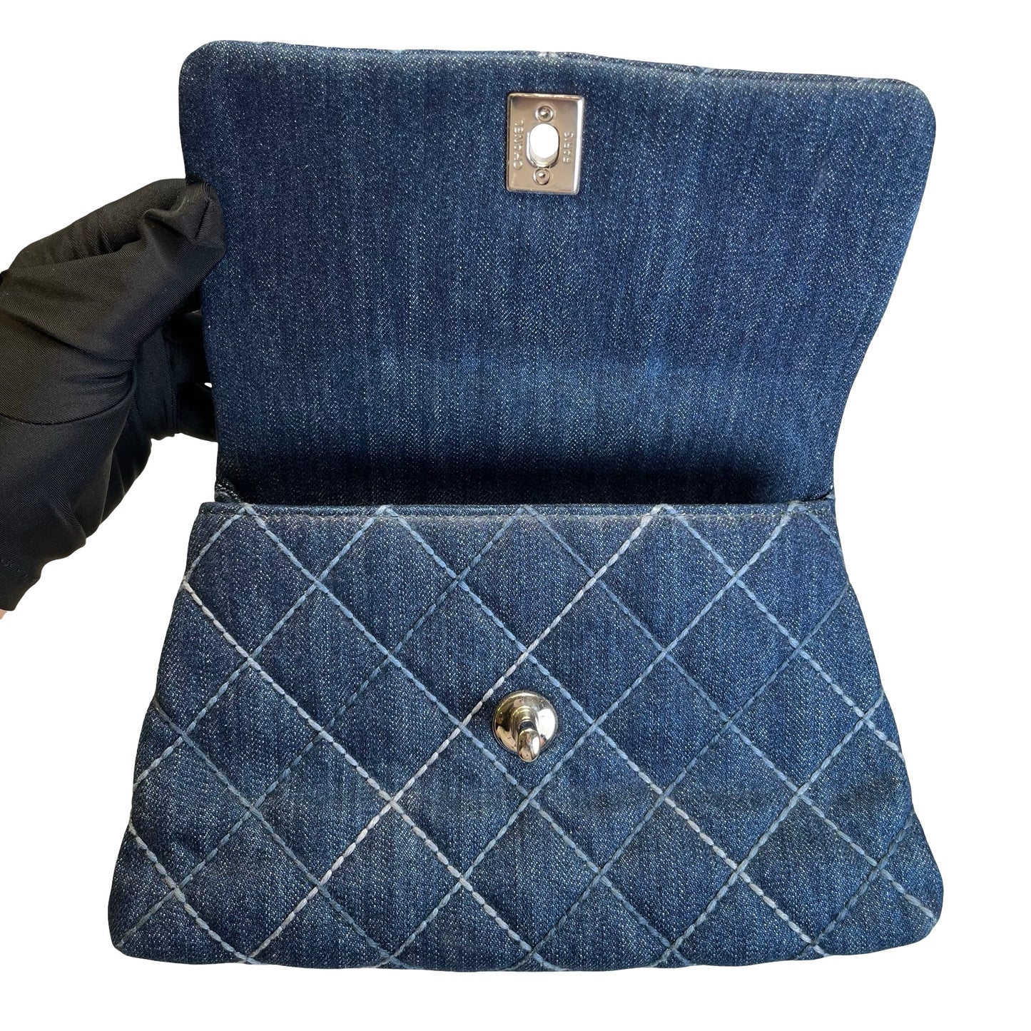 Used CHANEL Quilted Denim Coco Handle Small Handbag Denim Navy