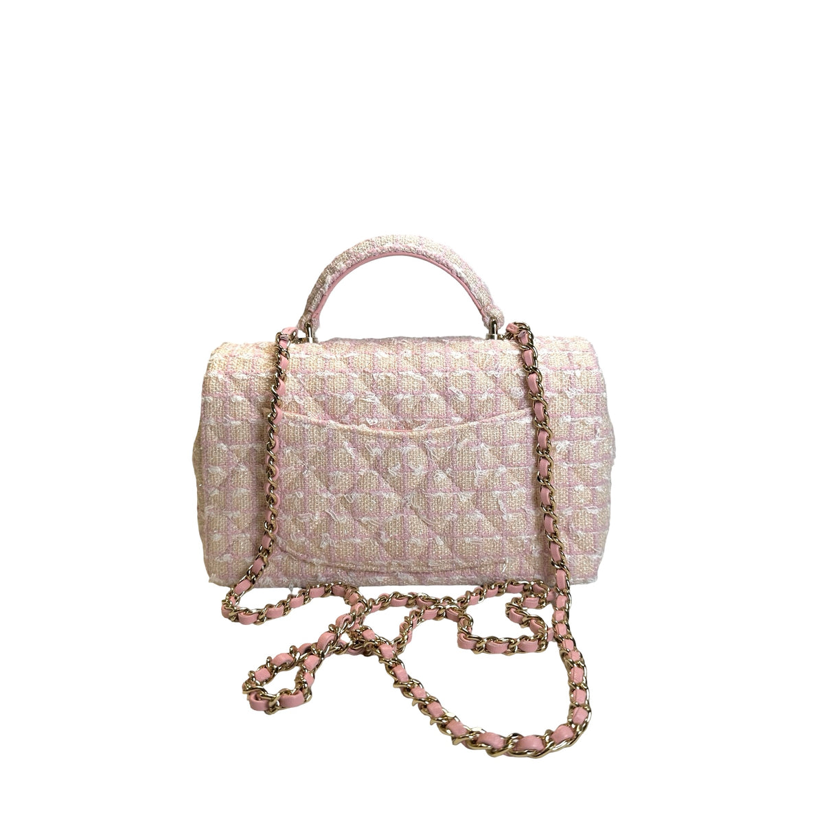 Used CHANEL Tweed Quilted Mini Flap Bag with Top Handle Handbag Pink White