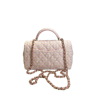 Used CHANEL Tweed Quilted Mini Flap Bag with Top Handle Handbag Pink White