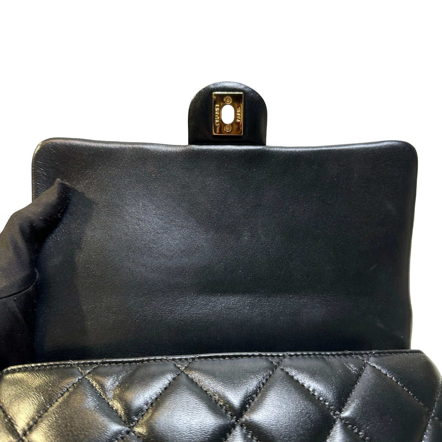 Used CHANEL Quilted Lambskin Top Handle Flap Bag Handbag Black