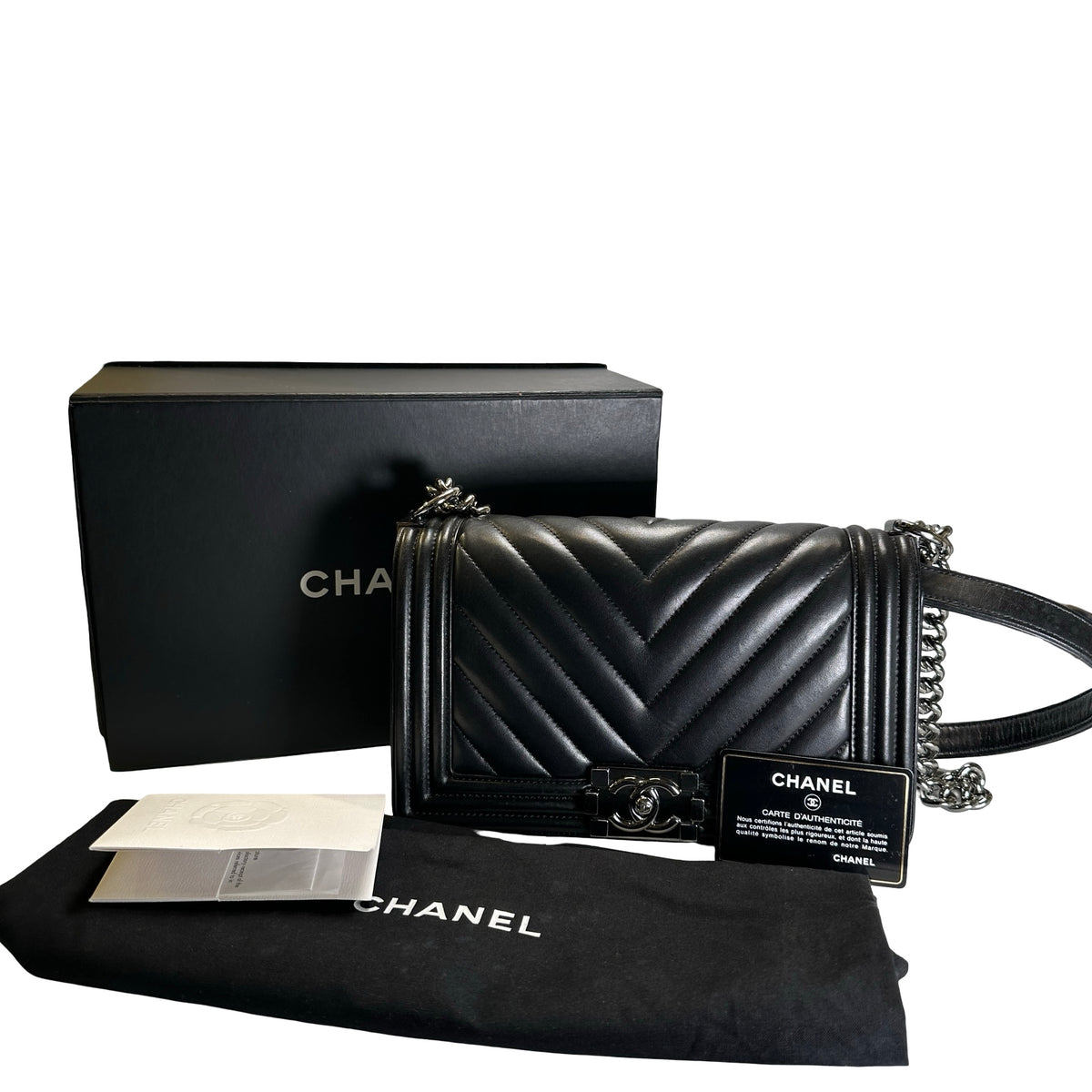 Used CHANEL Chevron Leather Boy Chanel Shoulder Bag Black Silver