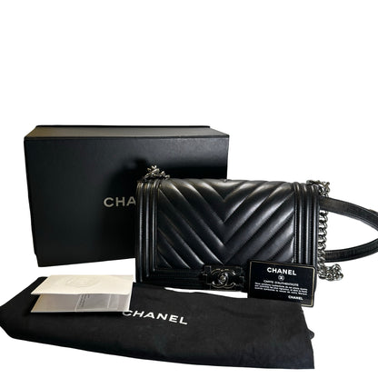 Used CHANEL Chevron Leather Boy Chanel Shoulder Bag Black Silver