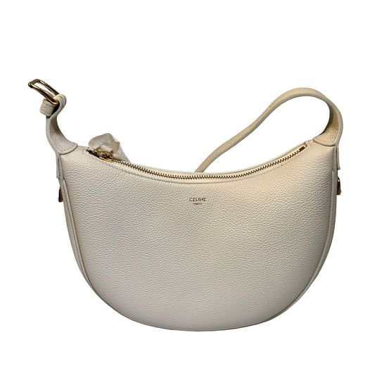Used CELINE Grained Calfskin Teen Lulu Rice Hobo Bag White Ghw