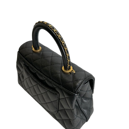 Used CHANEL Quilted Caviar Coco Handle Handbag Black Gold
