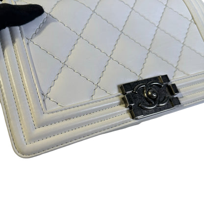 Used CHANEL Quilted Calfskin Boy Chain Shoulder Bag White